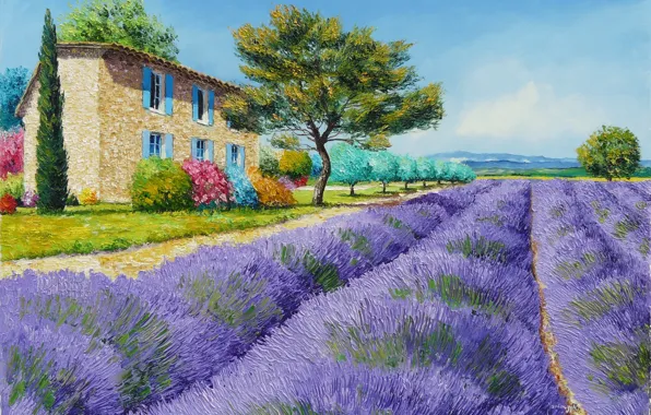 Картинка поле, деревья, пейзаж, цветы, горы, дом, картина, арт
