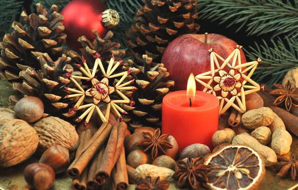 Новый Год, печенье, Рождество, сладости, фрукты, орехи, корица, Christmas