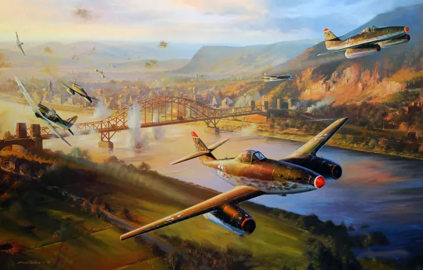 Мост, война, рисунок, арт, воздушный бой, nicolas trudgian, me-262, Clash Over Remargen