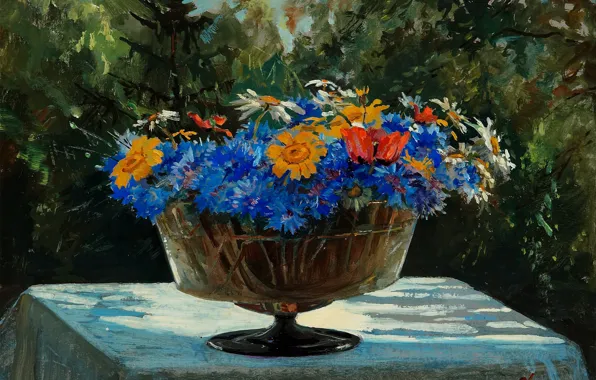 Картинка цветы, стол, чашка, Ольга Александровна Куликовская-Романова