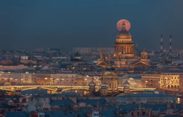 Картинка мост, река, здания, дома, Санкт-Петербург, Исаакиевский собор, ночной город, храмы