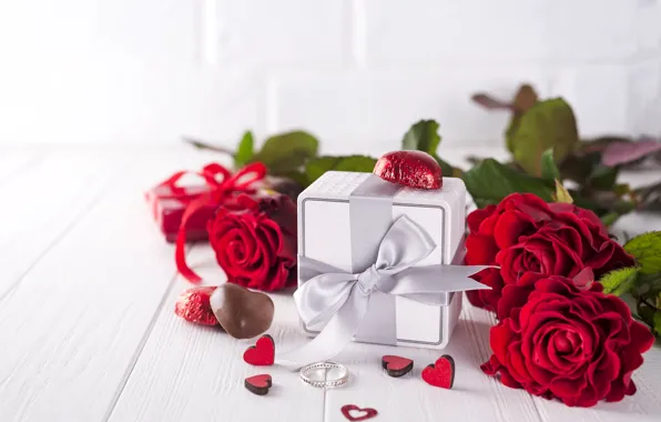 Цветы, подарок, розы, букет, сердечки, красные, red, love