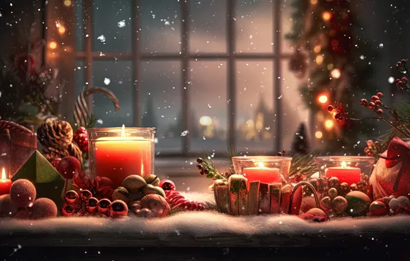 Новый Год, свечи, snow, зима, berries, ягоды, Christmas, ночь