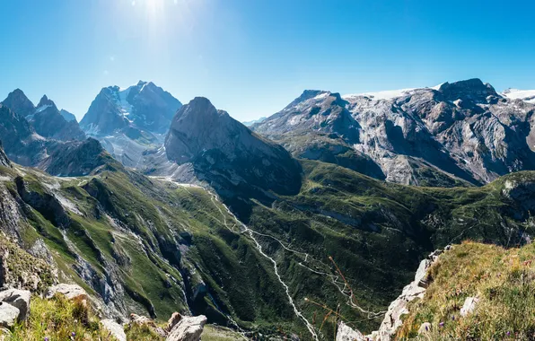 Картинка clear sky, landscape, nature, mountains, snow, sunlight, Alps, mountain chain