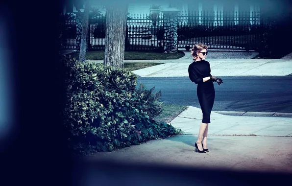 Девушка, улица, вид, платье, черное, очки, перчатки, Amber Heard