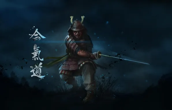Картинка трава, ночь, меч, воин, маска, арт, самурай, иероглифы