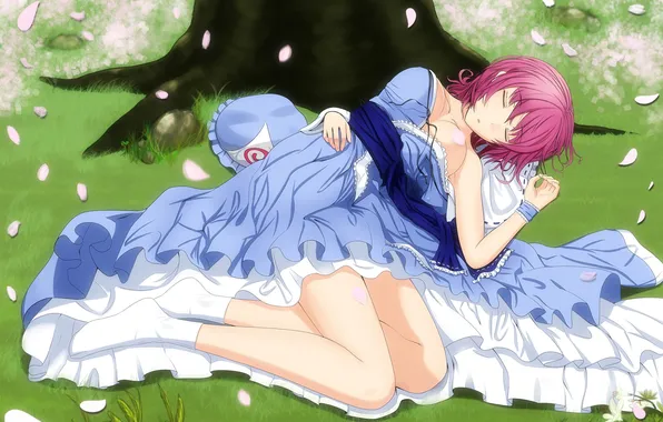 Трава, девушка, дерево, сон, лепестки, сакура, touhou, saigyouji yuyuko