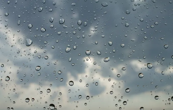 Картинка небо, стекло, вода, облака, капли, макро, фон, дождь