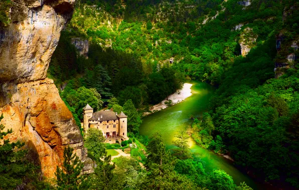 Картинка лес, горы, река, замок, Франция, Лаваль