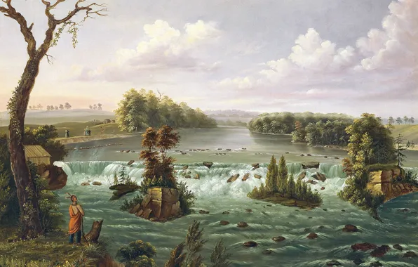 Картинка пейзаж, река, картина, пороги, индеец, Генри Льюис, Водопады Святого Антония, Верхняя Миссисипи