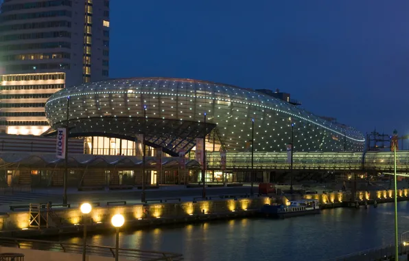 Картинка парк, Klimahaus Bremerhaven, Германия, дома, музей, огни, канал, ночь