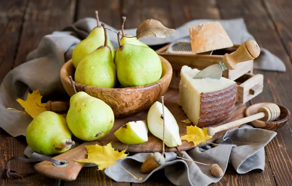Картинка осень, листья, еда, желтые, сыр, урожай, нож, посуда