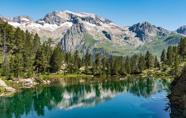 Небо, солнце, деревья, горы, озеро, камни, Испания, Aragon