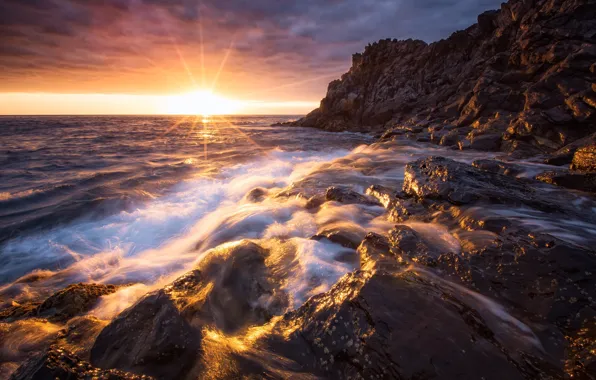 Картинка море, волны, пляж, небо, солнце, облака, лучи, свет