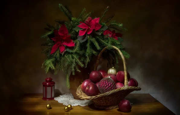 Картинка шарики, шары, яблоки, Рождество, фонарь, Новый год, натюрморт, корзинка