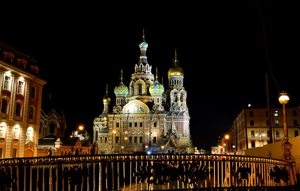 Картинка ночь, огни, фонари, Санкт-Петербург, церковь, собор, храм, Россия