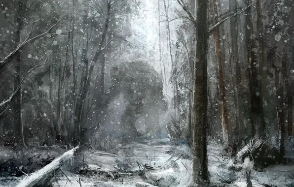 Лес, снег, рисунок, монстр