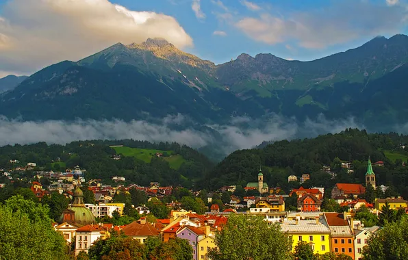 Пейзаж, горы, дома, Австрия, леса, Innsbruck