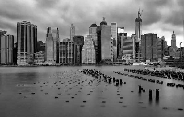 Океан, небоскребы, USA, черно-белое фото, New York, Downtown