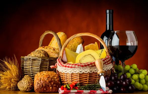 Вино, корзина, бокал, бутылка, сыр, колоски, хлеб, виноград