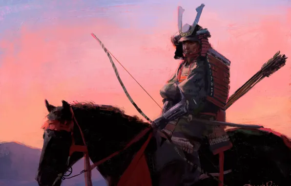 Лошадь, лук, самурай, шлем, всадник, стрелы