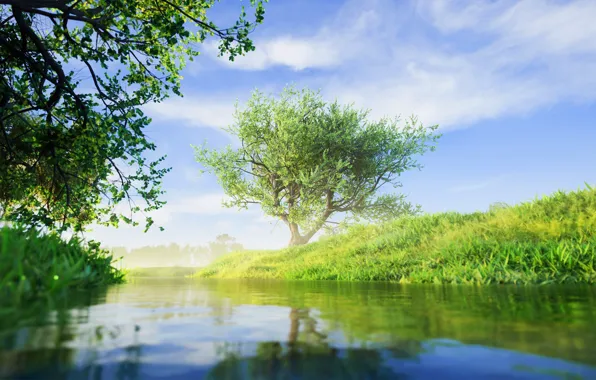 River, sky, trees, nature, water, reflection, digital art, artwork