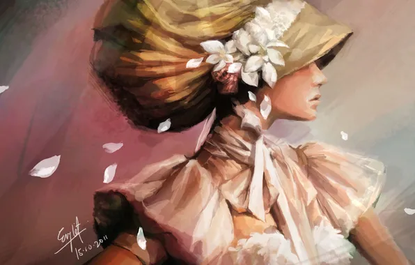 Картинка девушка, цветы, лепестки, арт, профиль, головной убор
