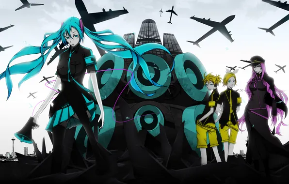 Картинка город, девушки, здания, арт, самолеты, парень, Hatsune Miku, Vocaloid