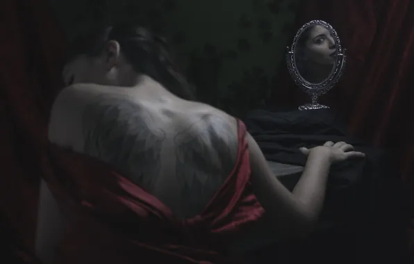 Девушка, лицо, отражение, спина, зеркало, tattoo