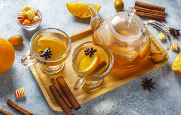 Стекло, стол, чай, апельсины, конфеты, чаепитие, чашки, чашка