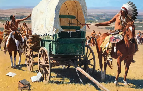 Картинка Картина, Индейцы, Лошади, Мужчины, Фургон, David Mann, Американский художник, Дэвид Манн