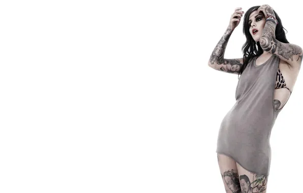 Картинка поза, фон, тело, Девушка, Kat Von D, татуировки