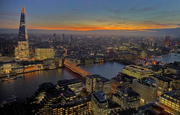 Картинка огни, река, Англия, Лондон, башня, дома, панорама, Темза