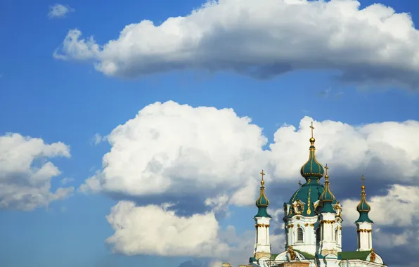 Небо, облака, город, крест, купол, Киев, Андреевская церковь