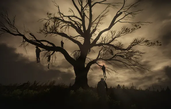 Картинка ночь, дерево, Ведьмак, висельники, The Witcher 3:Wild Hunt