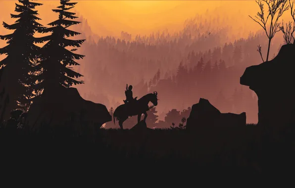 Картинка fantasy, game, forest, The Witcher, trees, weapon, mountain, horse