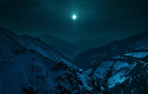 Снег, пейзаж, горы, ночь, луна, Iran, Alborz mountains, north of Tehran