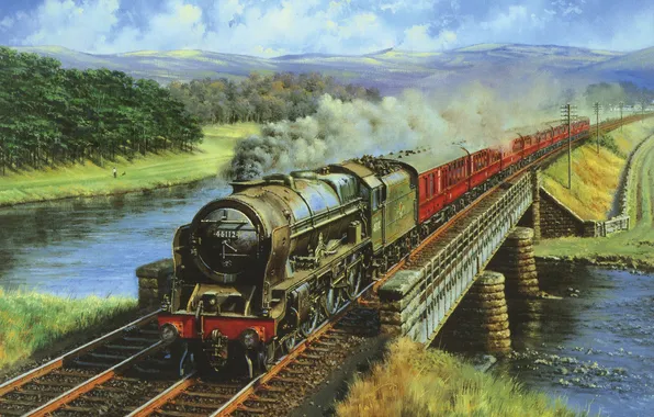 Картинка пейзаж, горы, мост, река, дым, поезд, паровоз, картина