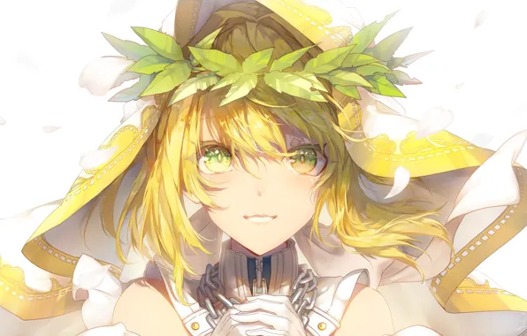 Лицо, цепь, капюшон, венок, зелёные глаза, чёлка, Fate / Extra, Claudius