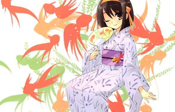 Улыбка, веер, золотые рыбки, юката, art, подмигивание, haruhi suzumiya, noizi ito