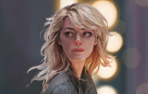 Long hair, women, face, blonde, Emma Stone, artwork, actress, portrait