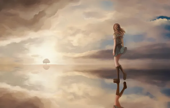 Картинка небо, вода, девушка, облака, закат, отражение, дерево, аниме