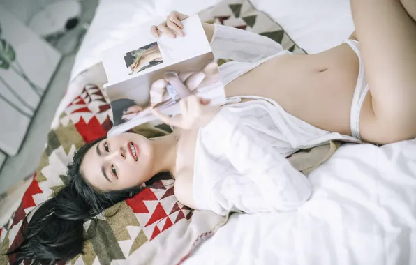 Beautiful, Asian, Model, Smile, Bed, Woman, Lying Down, Laying