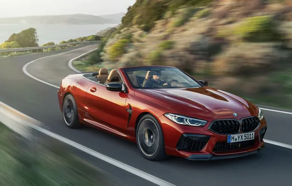 Картинка дорога, скорость, поворот, BMW, кабриолет, 2019, BMW M8, M8