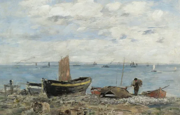 Море, пейзаж, лодка, картина, Эжен Буден, Eugene Boudin, Побережье в Сент-Адрессе