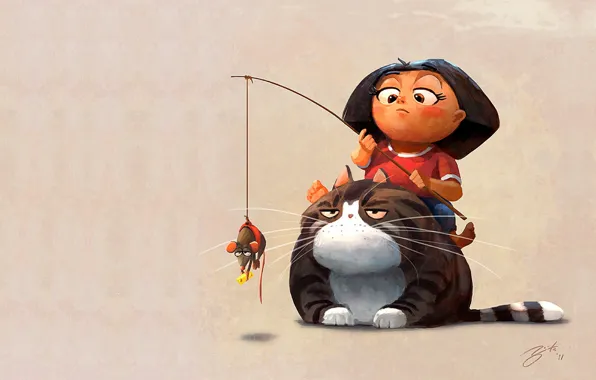Кот, настроение, мышка, арт, девочка, детская, Goro Fujita