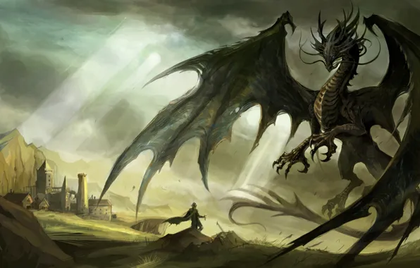 Картинка дракон, тонах, В темных, и человек