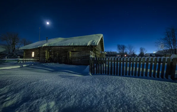 Картинка зима, снег, пейзаж, ночь, природа, забор, дома, Пермский край