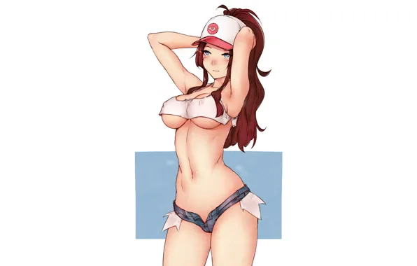 Girl, sexy, cleavage, shorts, erect nipples, long hair, brown hair, boobs