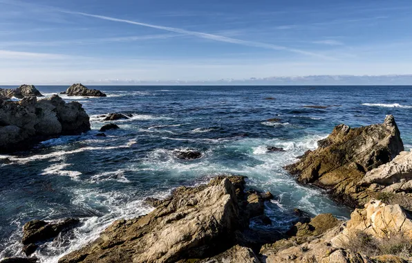 Картинка море, камни, горизонт, California, Carmel-by-the-Sea